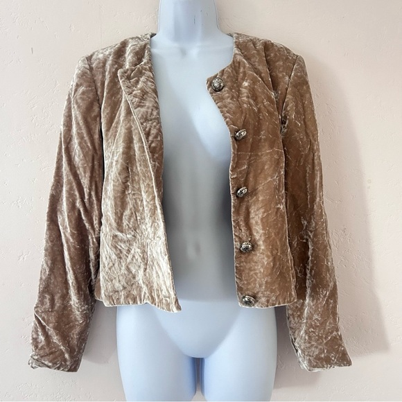 BMW DESIGNS Vintage Western Cropped Button Crushed Velvet Jacket Champagne Sz M - Picture 3 of 13